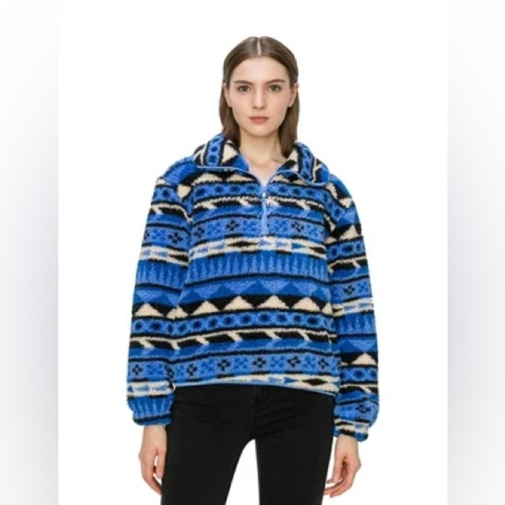 Angel Kiss Blue and Black Aztec Patterned 1/4 Zip-Up Sherpa Teddy Sweater